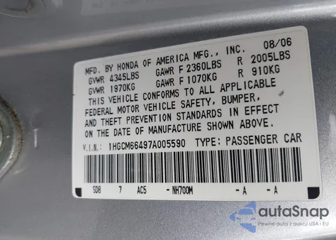 2007 Honda Accord 3.0 Se из США, поврежденный, VIN 1HGCM66497A005590